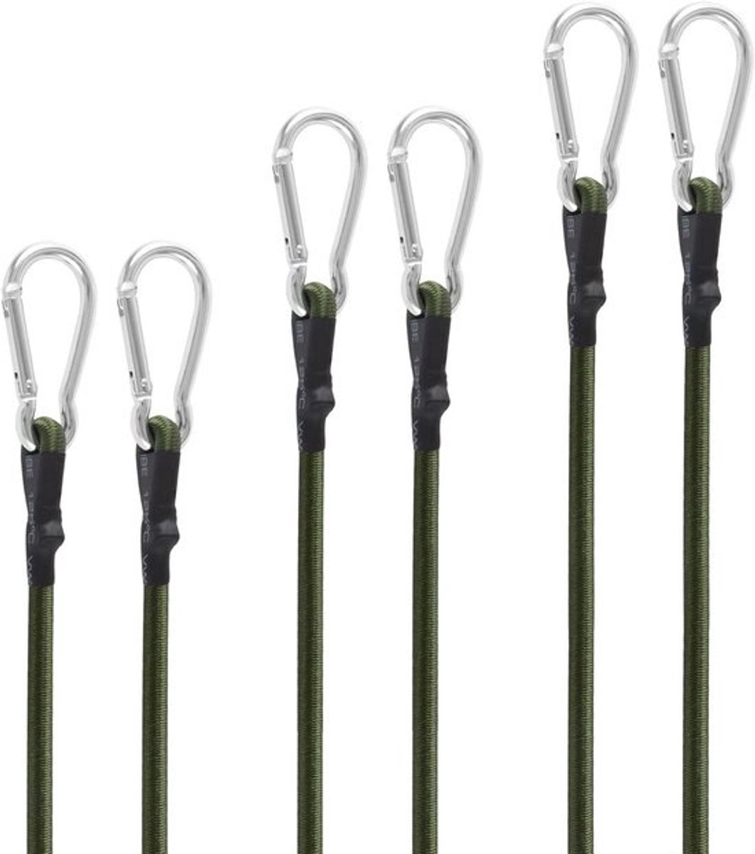 Sterke 6-delige Spanrubber Set met Karabijnhaken voor Bevestigen en Beveiligen van Bagage en Lading - Ideaal voor Kamperen, Reizen, en Outdoor Activiteiten