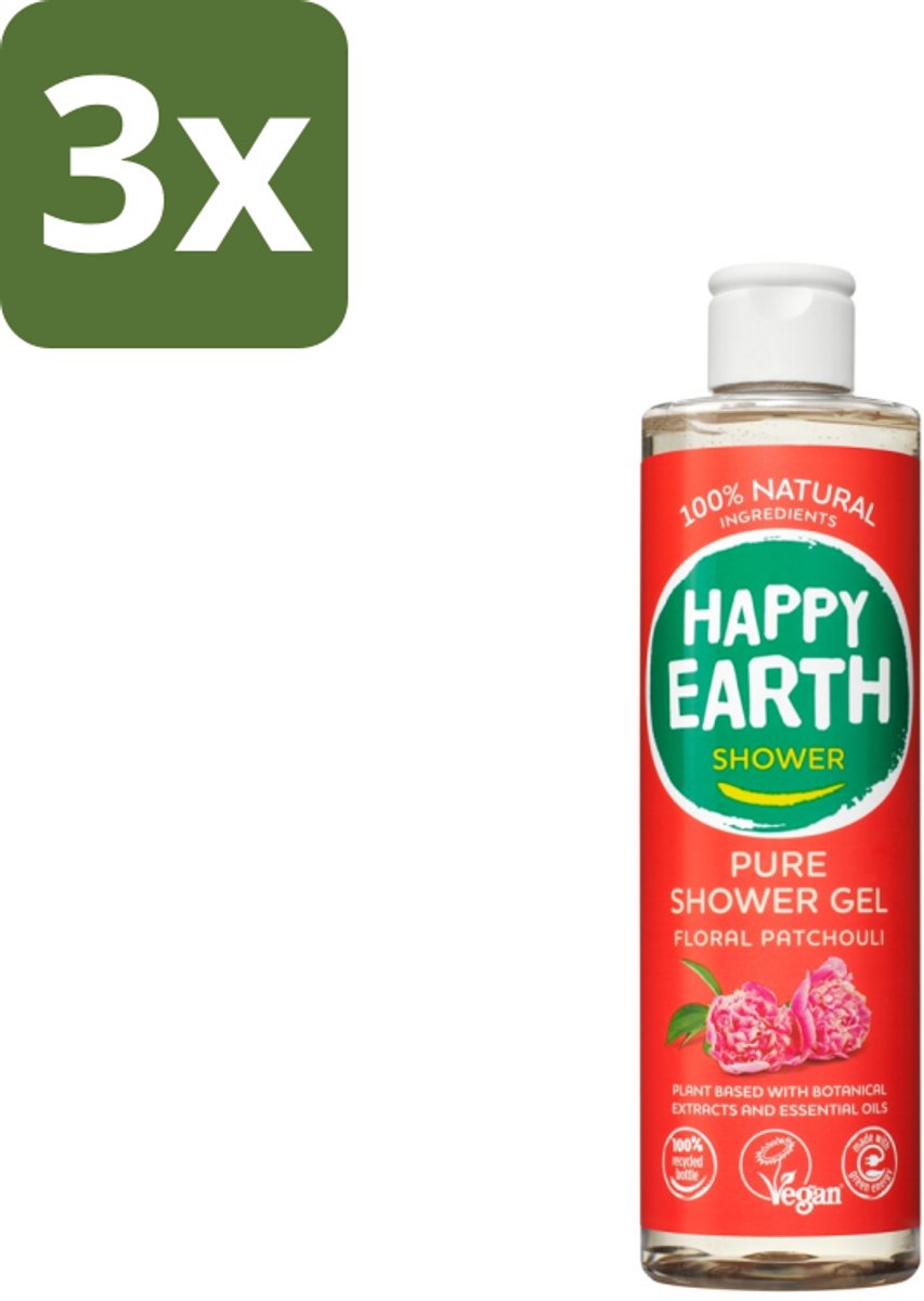 3 x Happy Earth – Douchegel – 100% Natuurlijk Floral Patchouli – 300 ml - Douchegel - Natuurlijke Douchegel - Vegan Douchegel - Patchouli Douchegel - Bloemige Douchegel