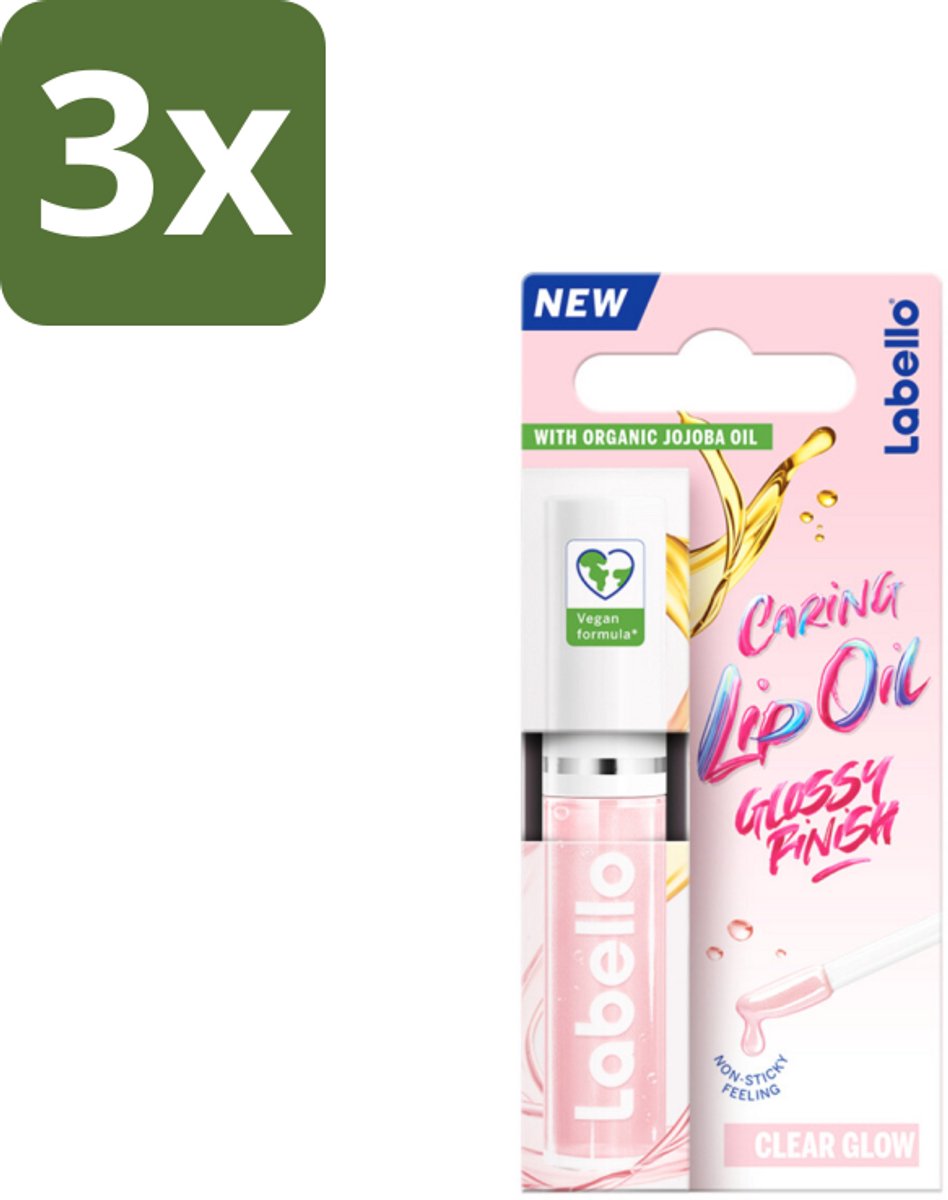 3 x Labello –Caring Lip Oil – Clear Glow – 5,5 ml - Lip Oil - Lip Care - Clear Glow Lip Oil - Vegan Lip Oil - Hydrating Lip Oil