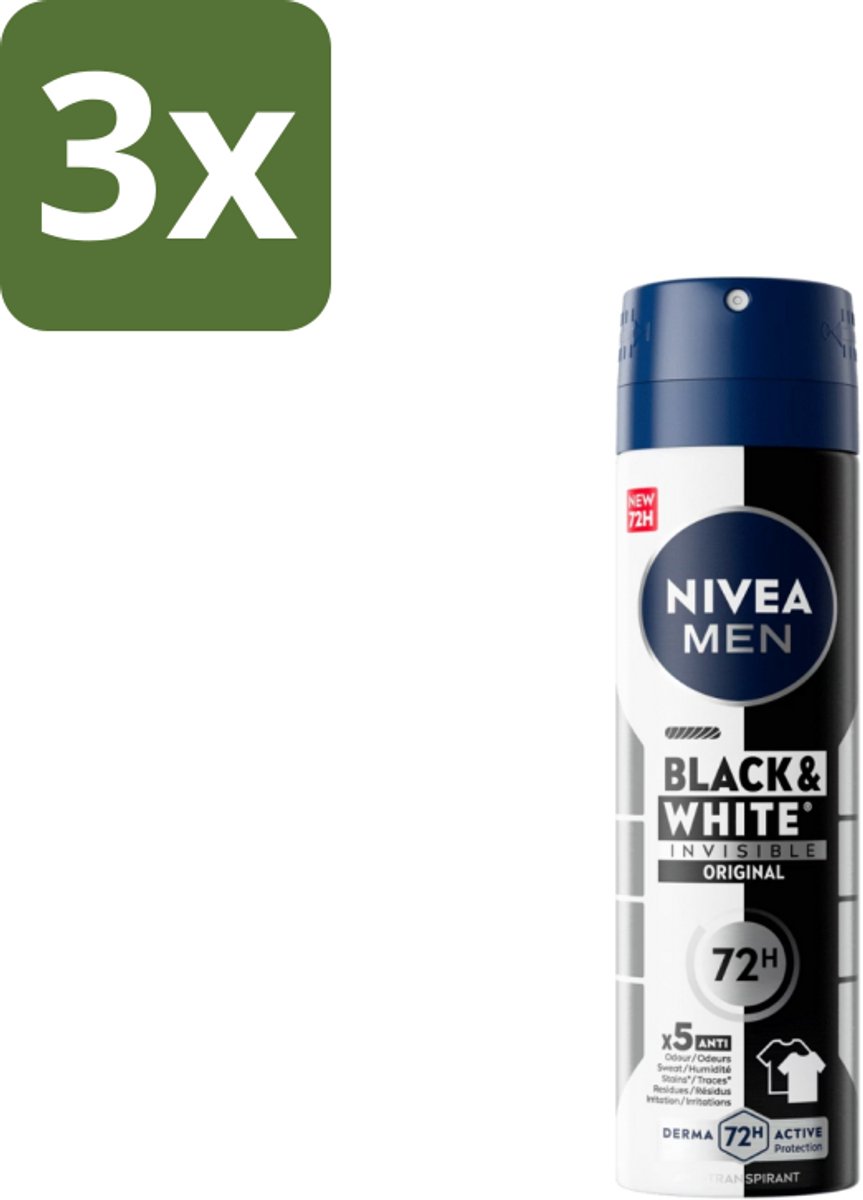 3 x NIVEA MEN – Deodorant spray – Invisible for Black & White – 150 ml - Koffie - Koffiezetapparaat - Koffiezetapparaat