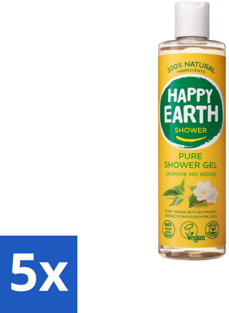 5 x Happy Earth – Douchegel – 100% Natuurlijk Jasmine Ho Wood – 300 ml - 100% Natuurlijke Douchegel - Jasmijn En Ho Wood - Vegan Douchegel - Natuurlijke Huidverzorging - Dierproefvrij