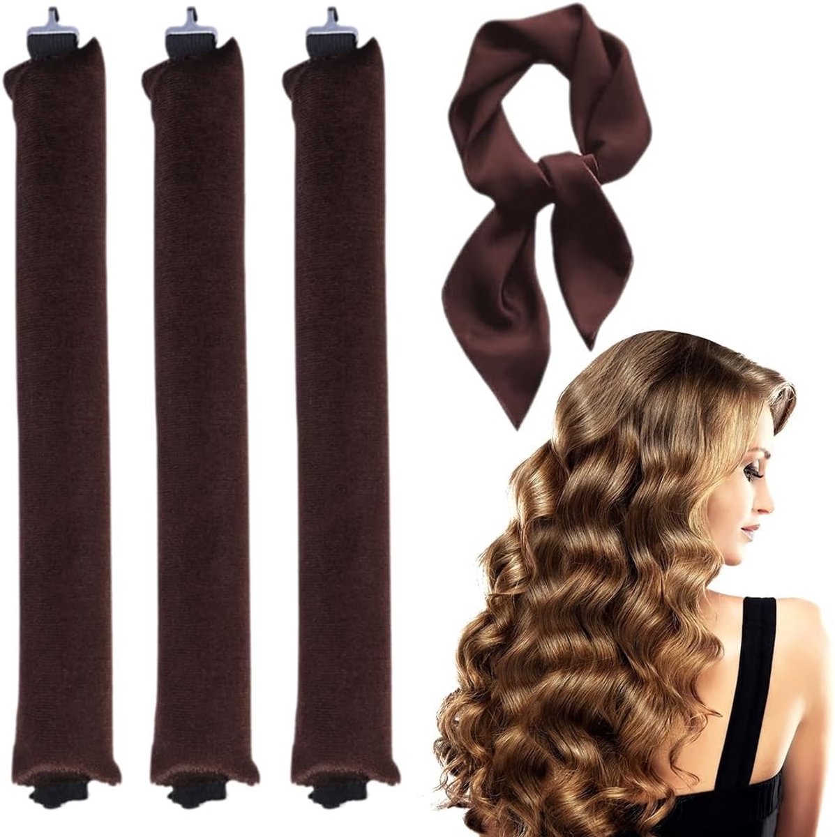 Set van 3 Warmtevrije Krullers voor Bruin Haar - Zachte Velours Krullers voor Nachtelijk Gebruik, Perfect voor Alle Haartypes en Natuurlijke Krullen