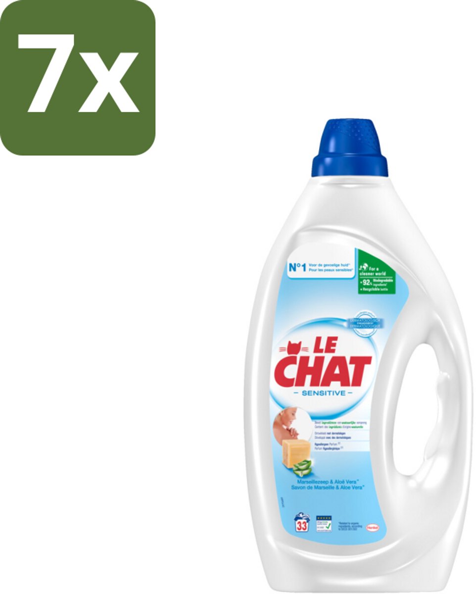 7 x Le Chat – Vloeibaar Wasmiddel – Sensitive – 1,485 L - Gevoelige Huid - Hypoallergen - Dermatologisch Getest - Marseille Zeep - Vlekken Verwijderen