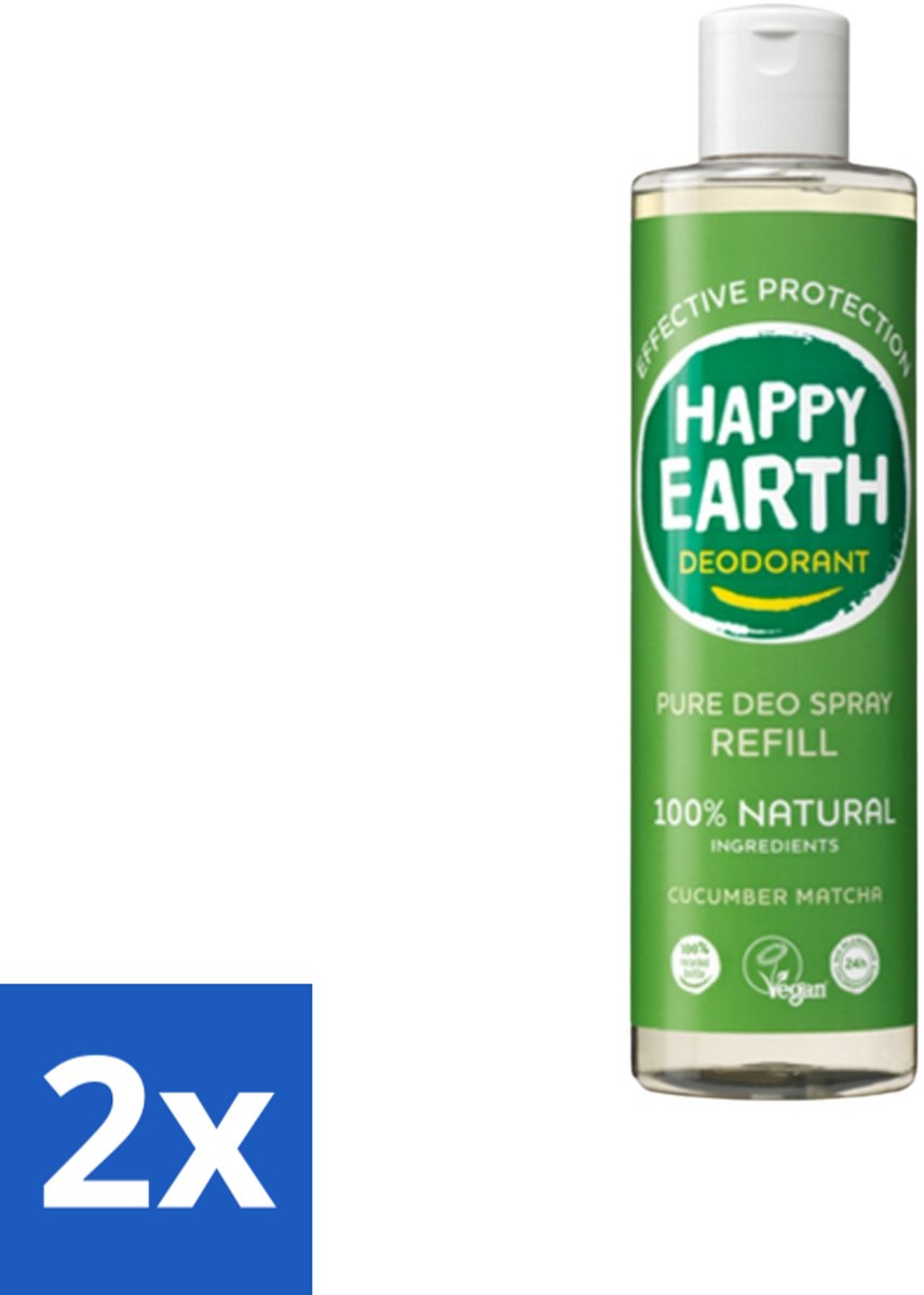 2 x Happy Earth – Deodorant Spray Navulling – 100% Natuurlijk Cucumber Matcha – 300 ml - Deodorant - Frisheid - Natuurlijke Deodorant - Matcha - Komkommer