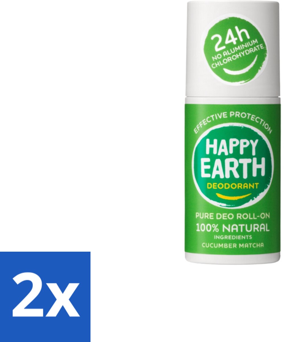 2 x Happy Earth – Deodorant Roll-On – 100% Natuurlijk Cucumber Matcha – 75 ml - Deodorant - Fris - Natuurlijk - Huidvriendelijk - Komkommer