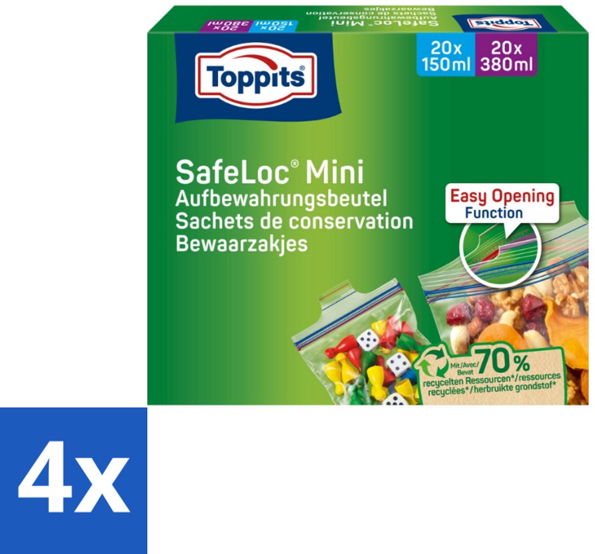 4 x Toppits – Safeloc Mini Zip-Zakjes – 40 Zakjes - Mini Zakjes - Lekvrij - Herbruikbaar - Herbruikbare Zakjes - Droge Opslag