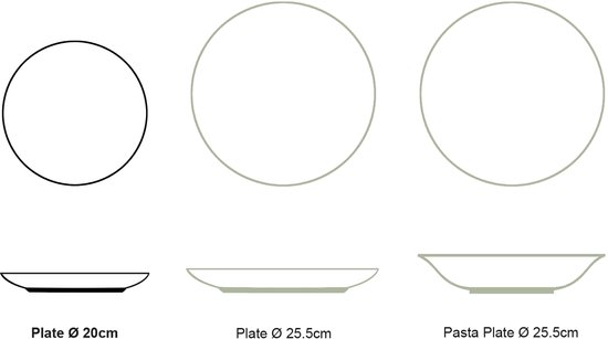 Illustratie van drie maten witte borden met gouden rand: Ø 20cm, Ø 25.5cm, en pasta bord Ø 25.5cm.