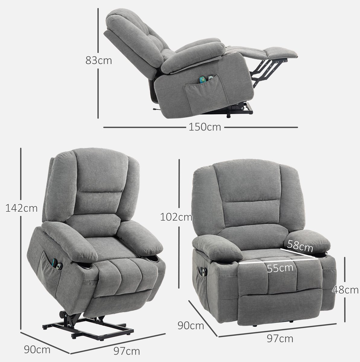 DESMIU Relaxfauteuil Elektrisch 97 Cm - Met Opsta Hulp, Massage En Verwarming - Voor Woonkamer En Tv-Kijken - Stof - Donkergrijs