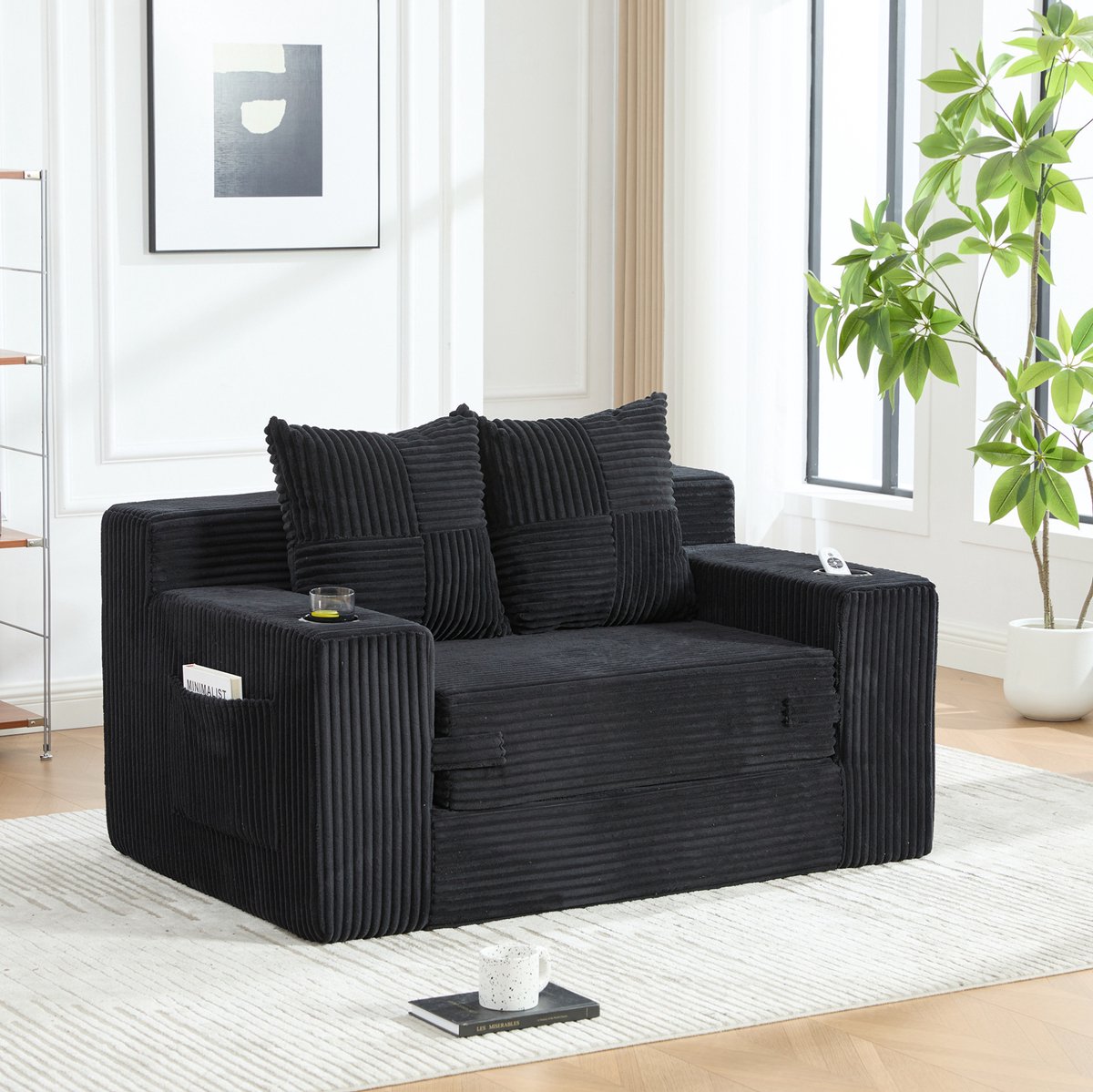 FloraGrace Slaapbank 2-Zits 151 x 133 x 64 cm – Met 2 Kussens, Bekerhouder En Zijvakken – Voor Woonkamer En Leeshoek – Ribfluweel – Zwart