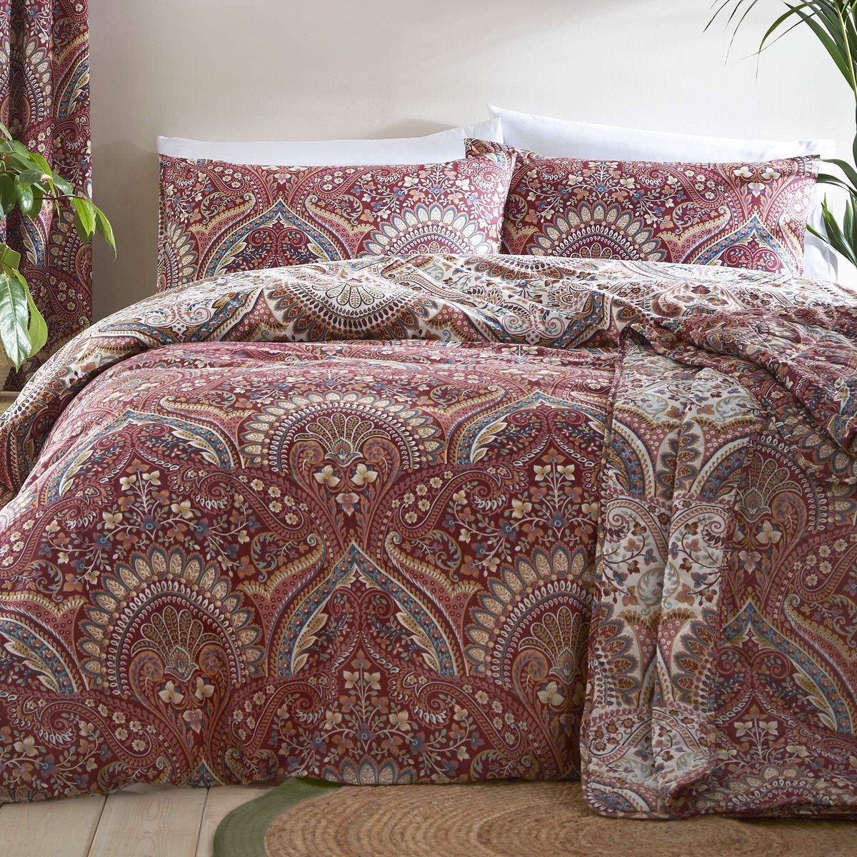 Elzusha - Maroon Jacobean Dekbedovertrek, King Size, 230 x 220 cm