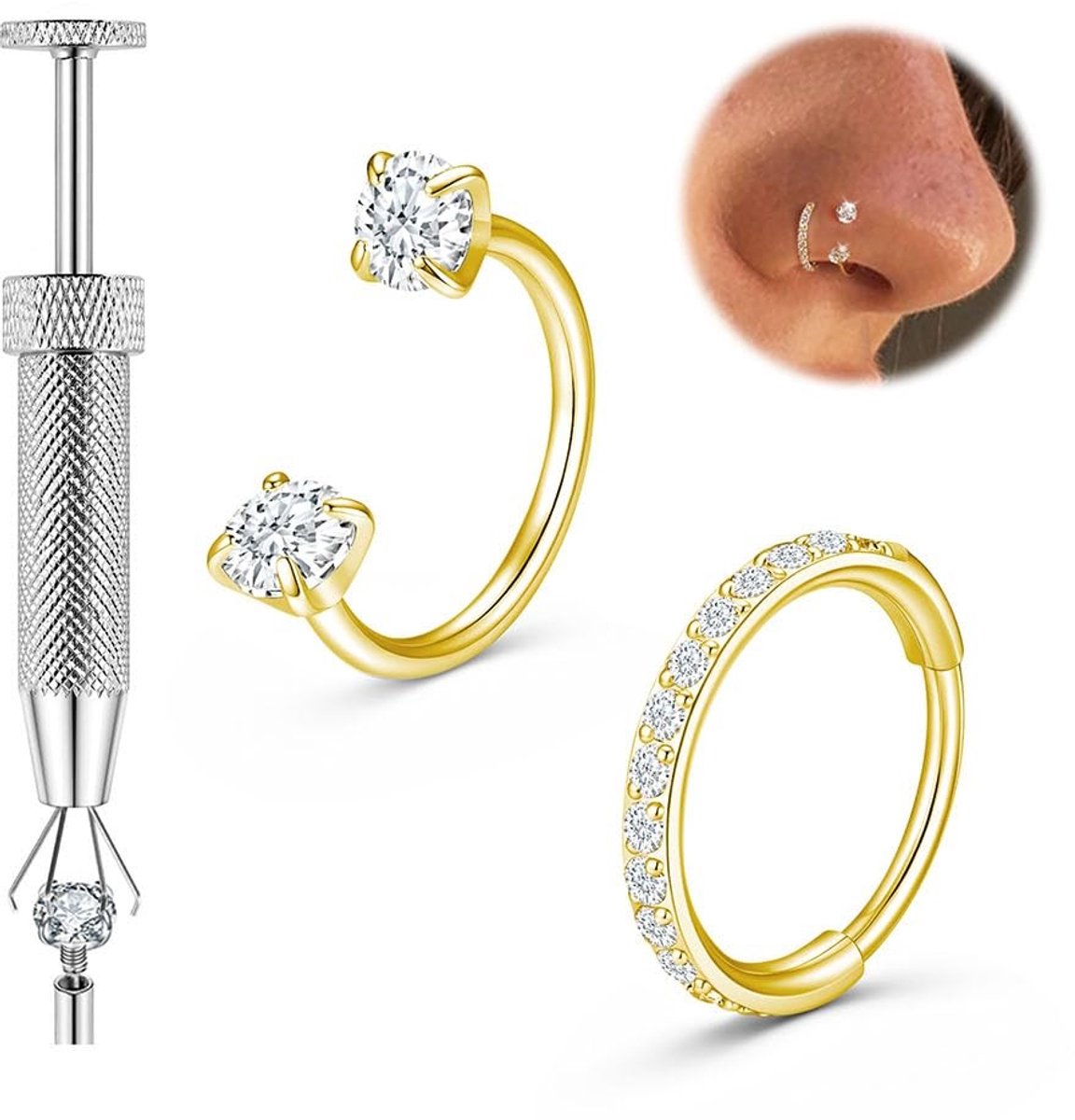 Elzusha - Hypoallergene Titanium Neusring Set met Edelstenen