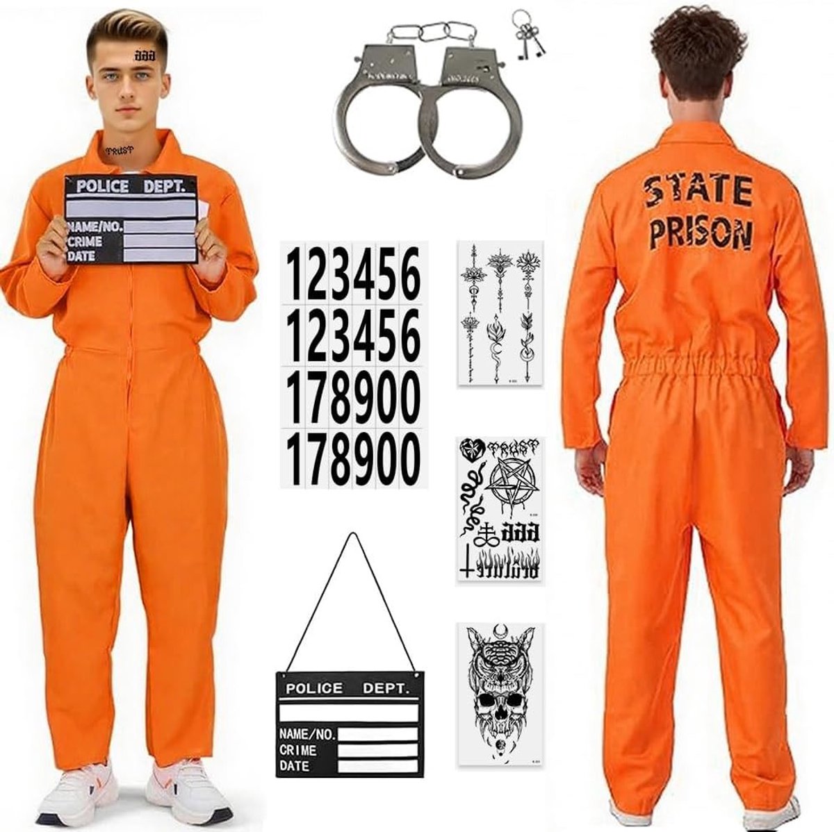 Oranje gevangenis kostuum voor mannen en vrouwen, jumpsuit met naamlabel en handboeien voor Halloween en carnaval