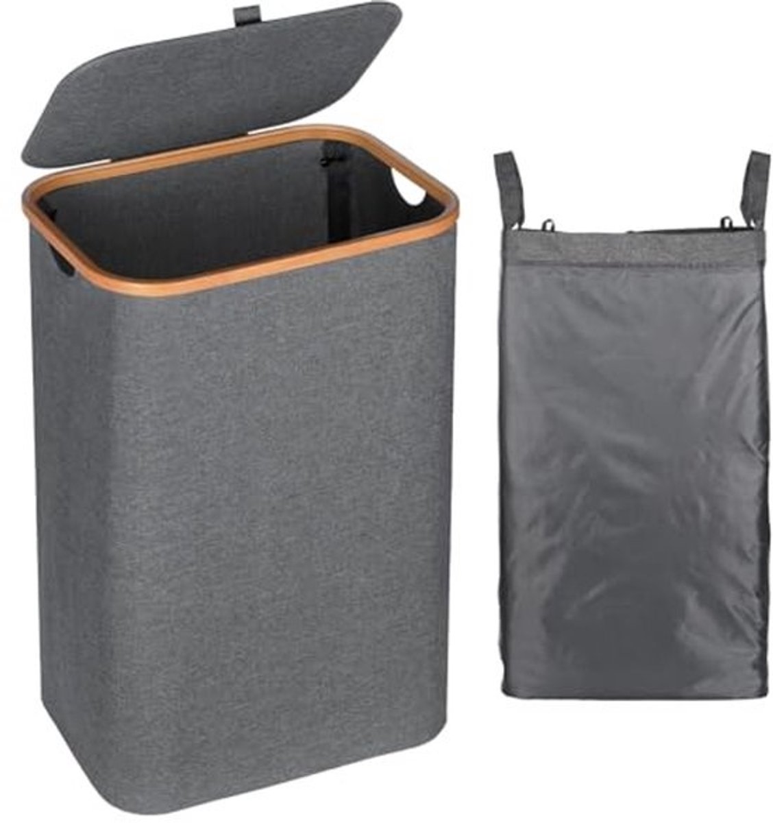 Vuile Wasmand Grijs 105 Liter - Bamboe Met Deksel - Ideaal Voor Badkamer