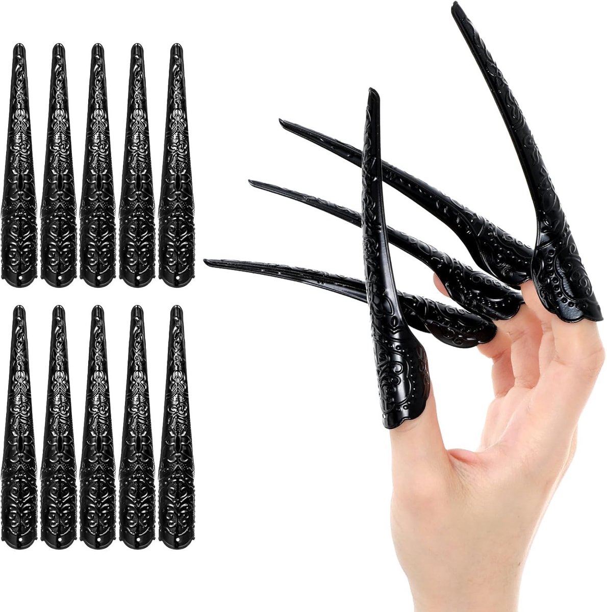 10 stuks Halloween vingernagelklauwringen, vingertop-nagelringen voor vampier-cosplay, zwarte kostuumaccessoires en handverlenging voor een griezelige look