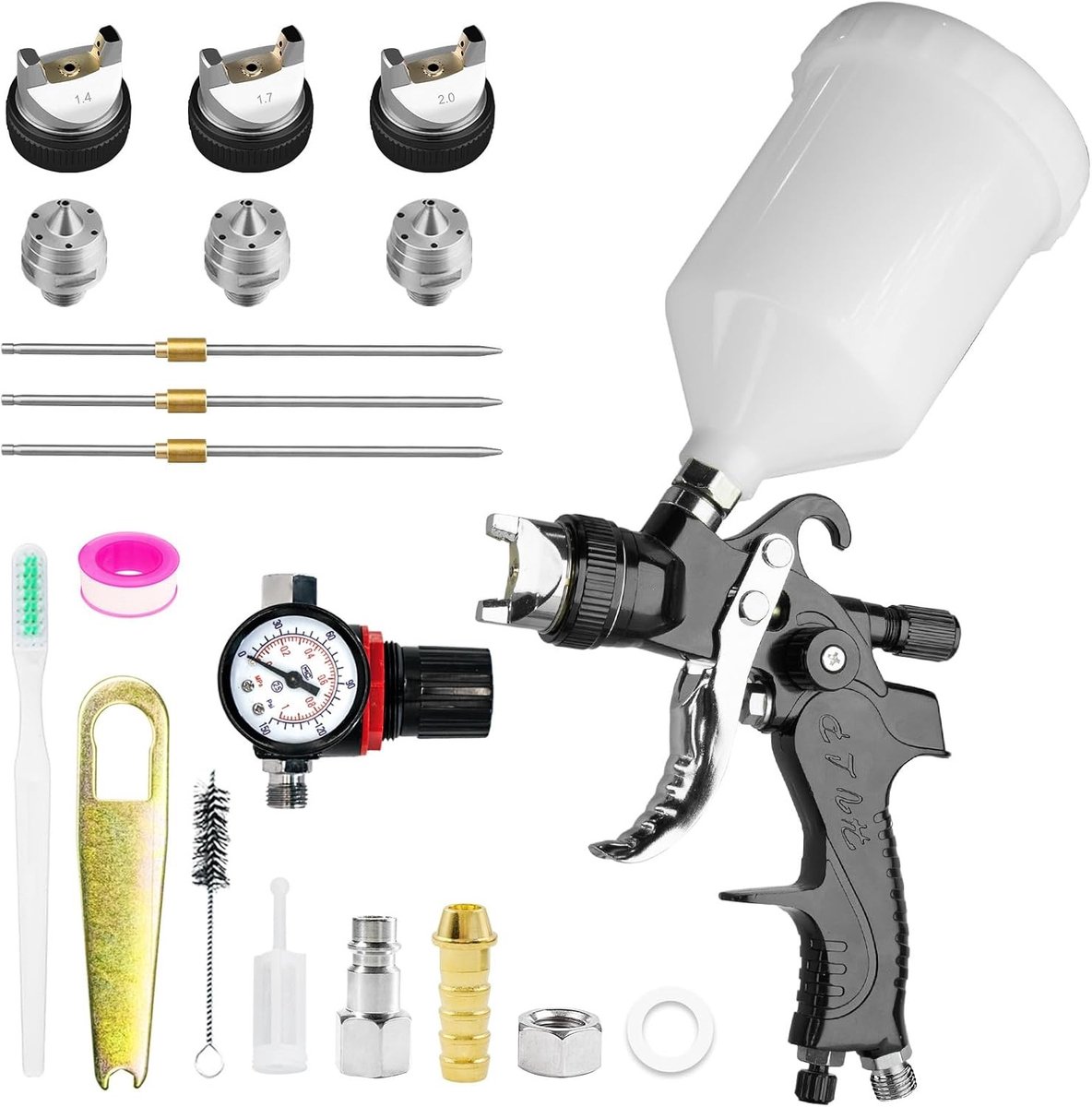 Professionele Verfspuitset met 3 Spuitmonden en Filterseparator voor Compressed Air en Gravity, Inclusief 600 ml Kunststof Bekertje