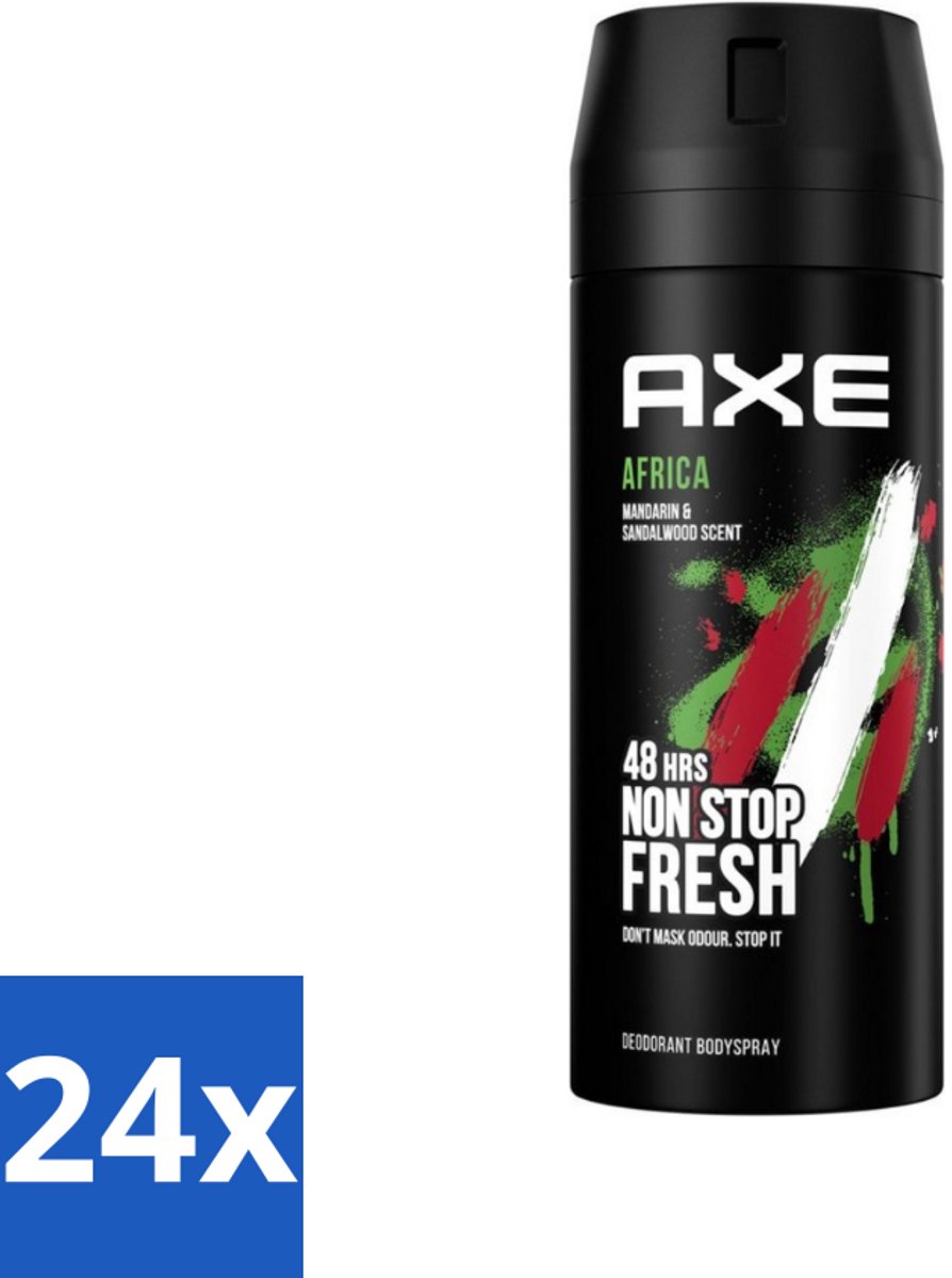 24 x Axe - Deodorant Bodyspray - 48hrs Non Stop Fresh - Africa - Mandarin & Sandalwood - 150 ml - Deodorant Bodyspray - Geurbeheersing - Mandarijn En Sandelhout - 48 Uur Bescherming - Geurbestrijdend