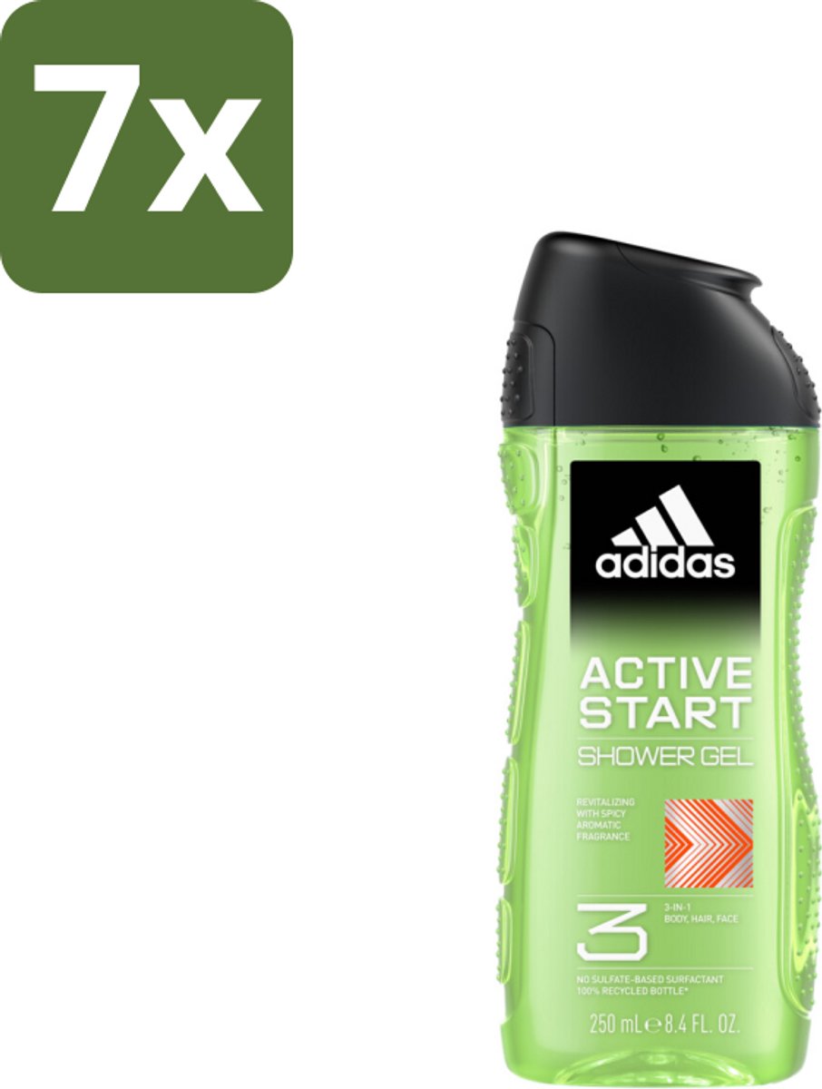 7 x Adidas Shower Gel Active Start 250 ml - Douchegel - 3-in-1 - Lichaam - Gezicht - Haar