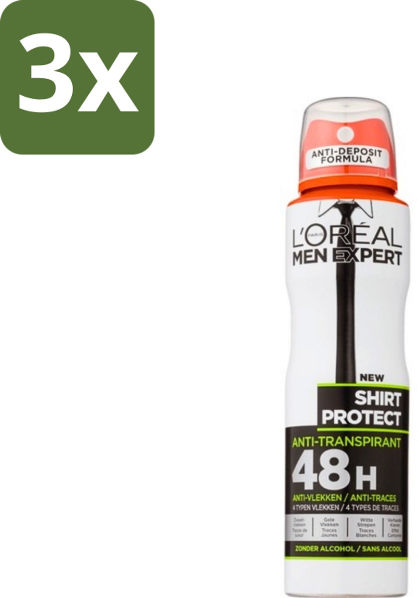 3 x L'Oréal Men Expert Shirt Protect - Deodorant - 150 ml - Deodorant Spray - Deodorant Spray - Anti-zweet - Anti-gele Vlek - Anti-witte Strepen - Kledingbescherming