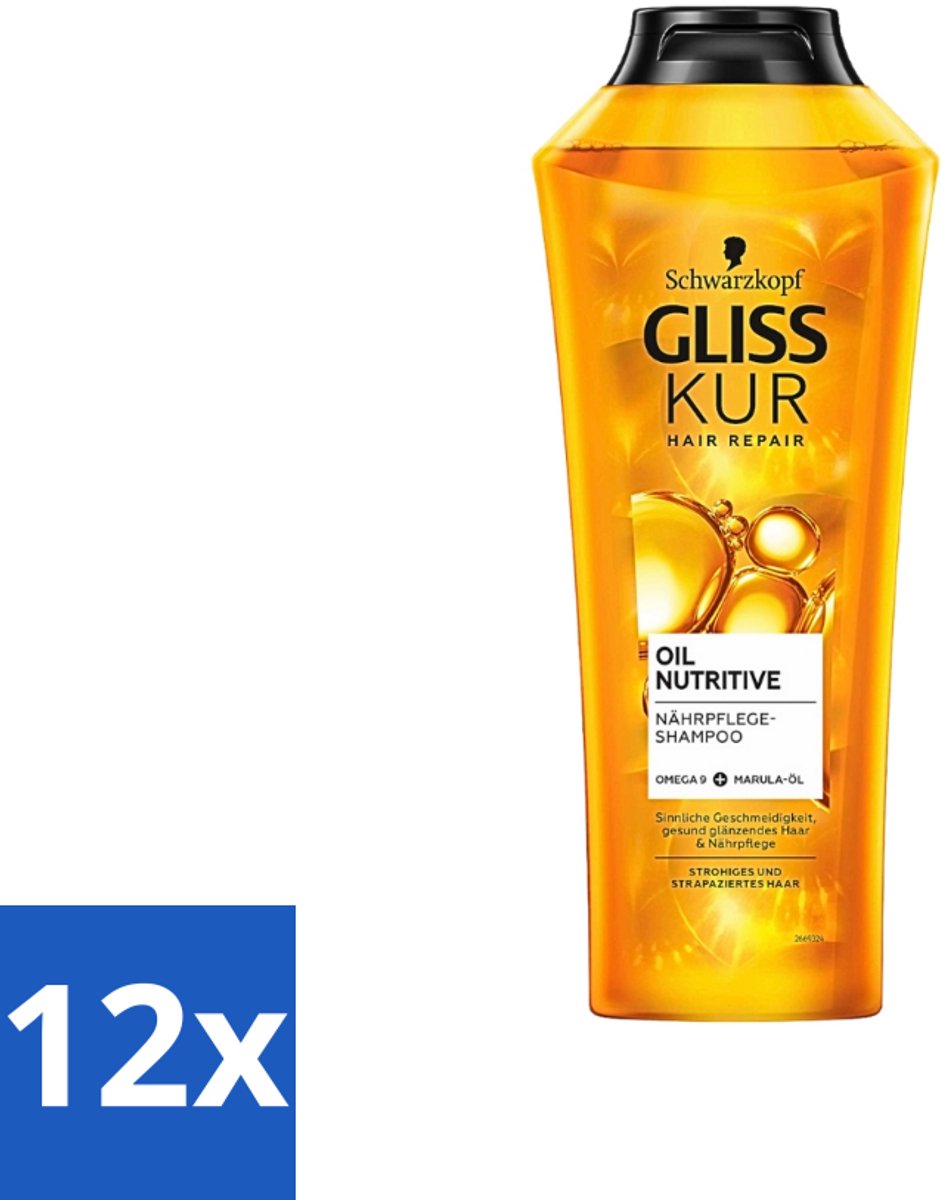 12 x Gliss-Kur - Shampoo - Oil Nutritive - Voedende Shampoo - Voor Stroef & Gespannen Haar - 400 ml - Shampoo Voor Stroef Haar - Voedend Shampoo - Hydraterend Shampoo - Haar Verzorging - Haar Verzorging Voor Gespannen Haar