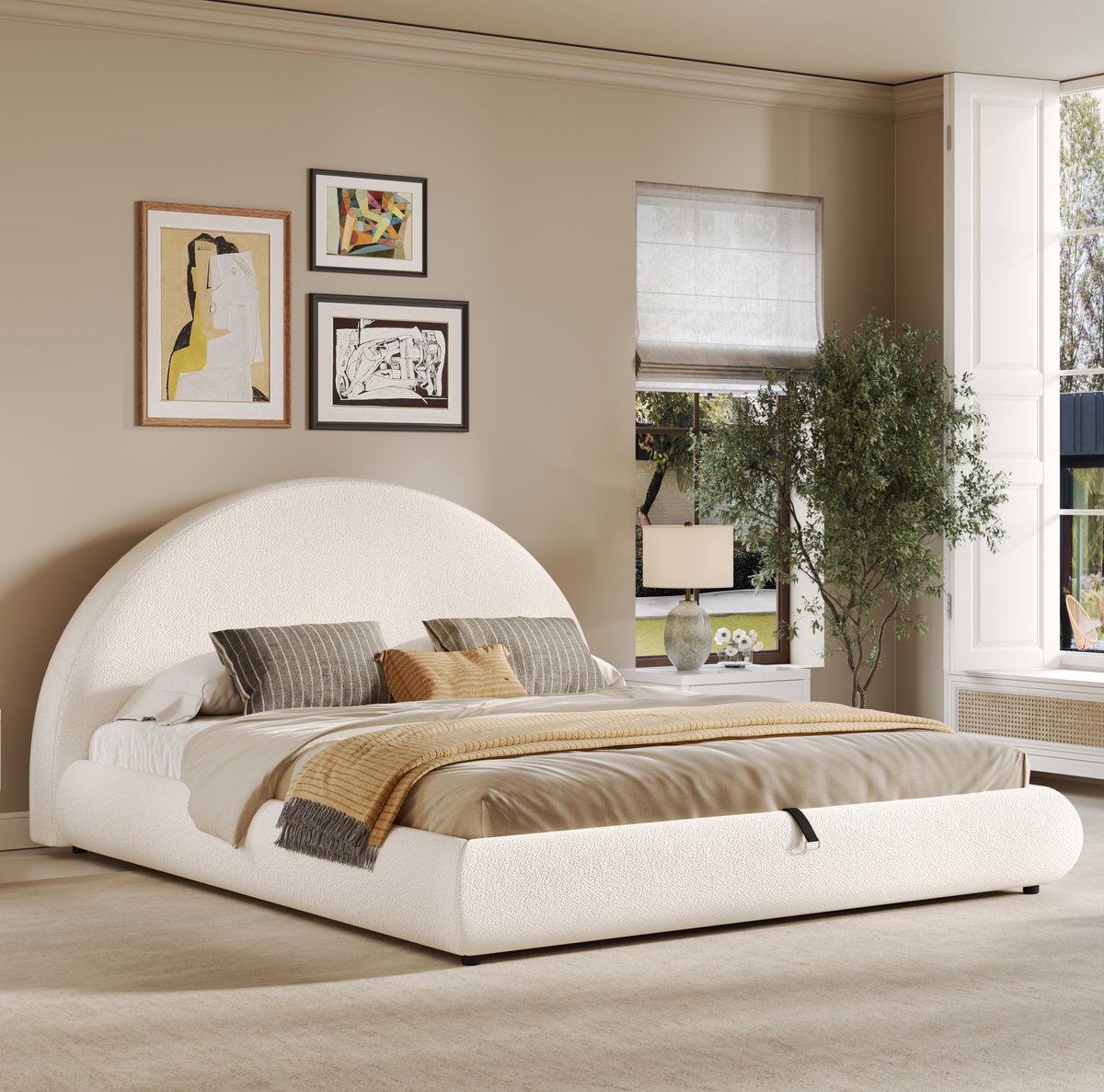 COVREO Bed 160x200 cm wit bouclé, hydraulisch stauraambed, zonder matras