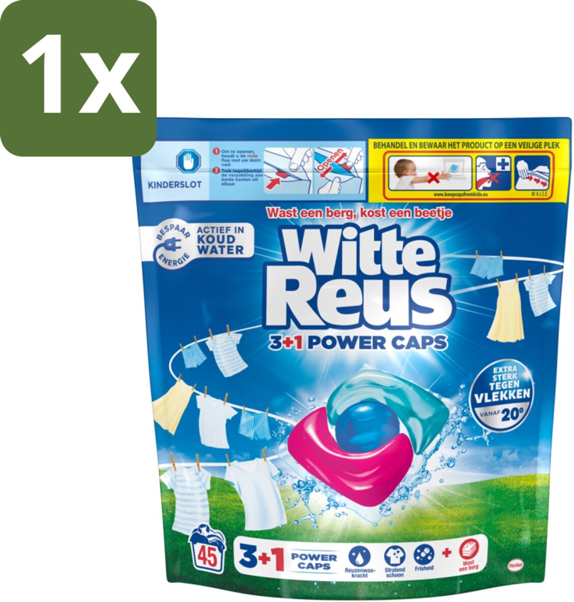 1 x Witte Reus - 3+1 Power Caps - Witte Was - 45 Wasbeurten - Wasmiddel - Witte Reus - 3-in-1 Was - Was Capsules - Vlekverwijdering
