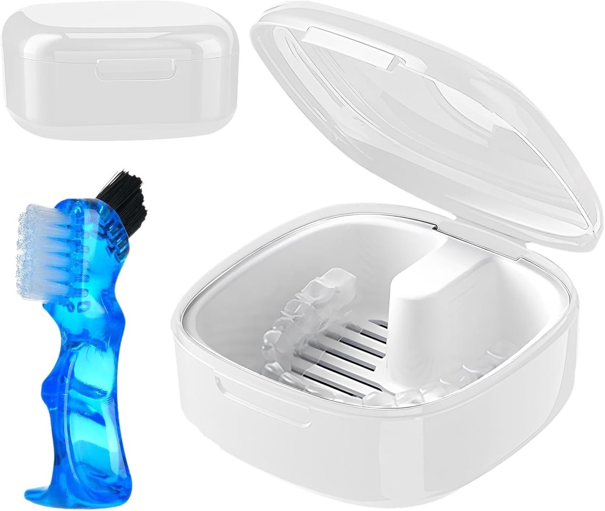 Opbergdoos voor tandheelkundige apparaten met filter, inclusief reinigingsborstel en pouch voor beugels en tandheelkundige medicijnen