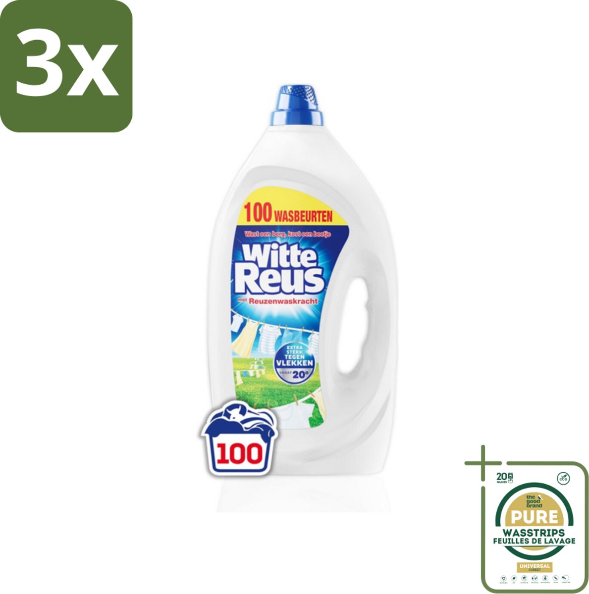 3 x Witte Reus Wasmiddel Gel 100 Wasbeurten 4,5 liter - Grootverpakking - Wasmiddel Gel - Witte Was - Vlekken Verwijderen - Koud Water Wassen - Energiezuinig Wassen