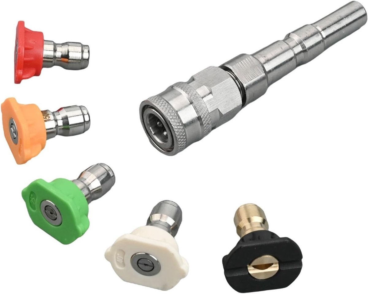 Hogedrukreiniger Adapter 1/4 Inch RVS Snelle Aansluiting met 5 Spuitmonden, Verlenglans en Snow Foam Lance Adapter voor Diverse Hogedrukreinigers
