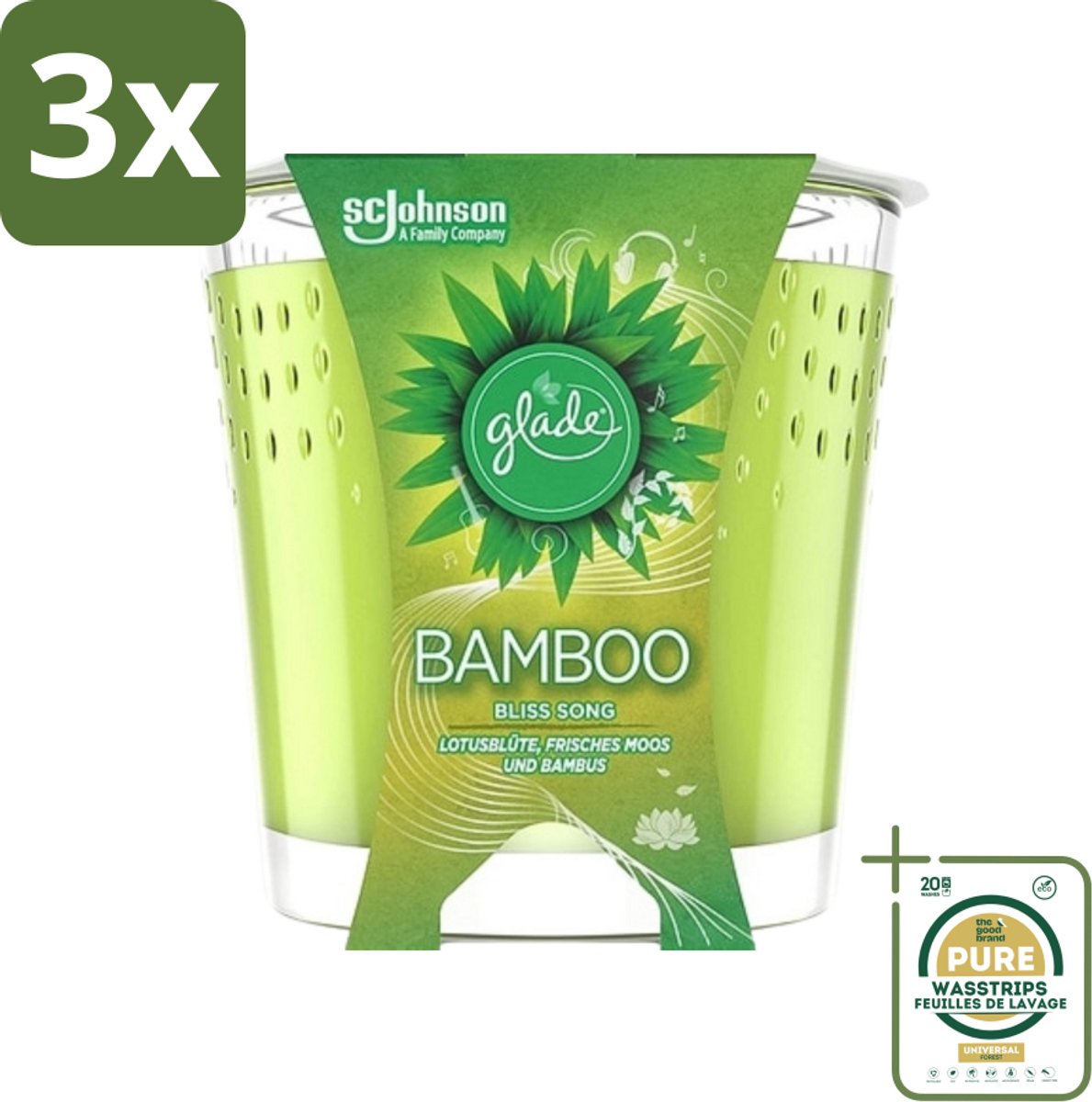 3 x Glade - Geurkaars - Bamboo Bliss Song - Frisse Geur & Relaxatie - 129 g - Grootverpakking - Bamboo Geur - Rust - Ontspanning - Geurkaars - Frisse Geur