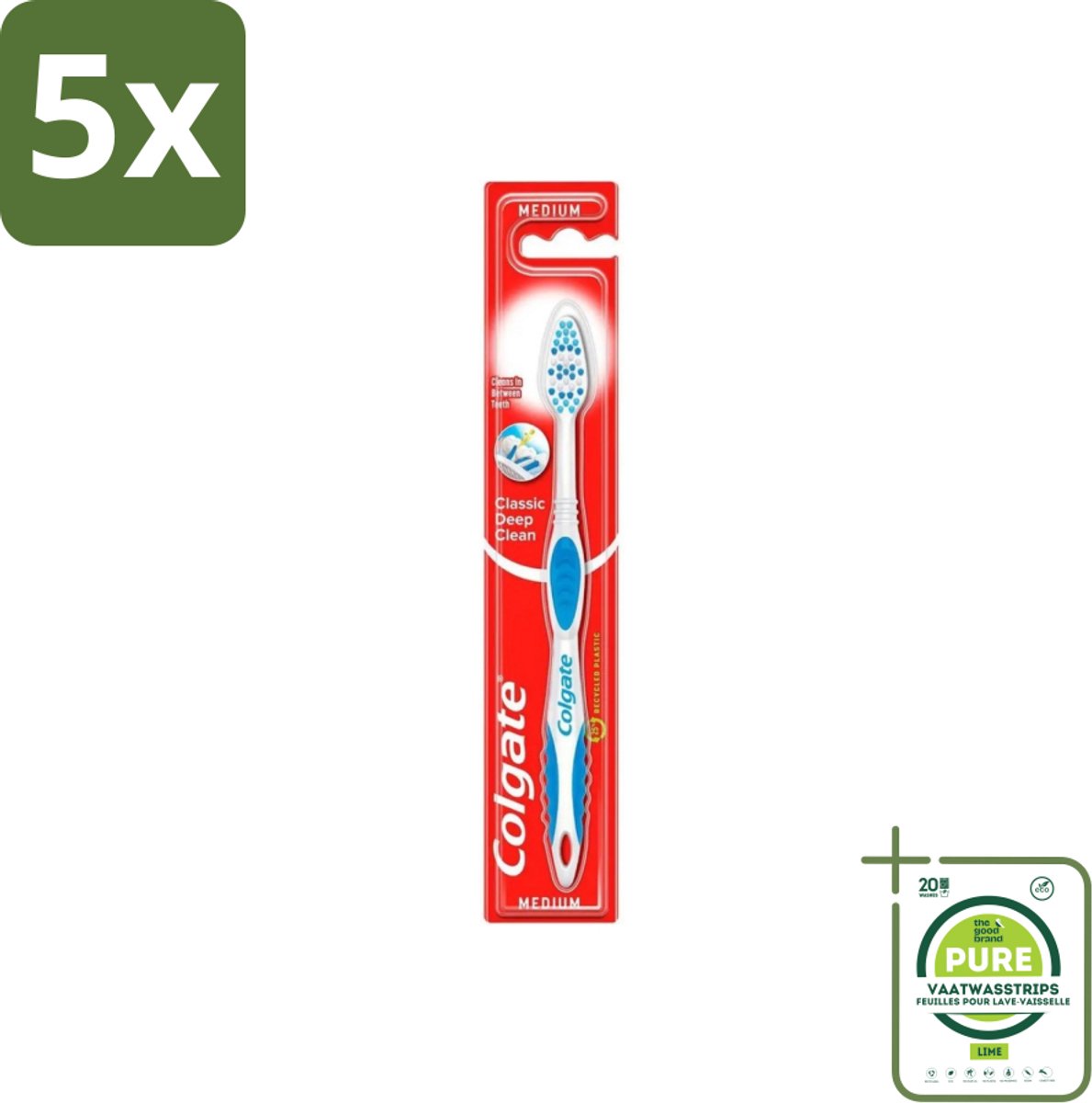 5 x Colgate - Tandenborstel - Classic Deep Clean Medium - 1 Tandenborstel - Grootverpakking - Tandenborstel - Mondhygiëne - Tandenborstel Reiniging - Tandplak Verwijderen - Etensresten Verwijderen