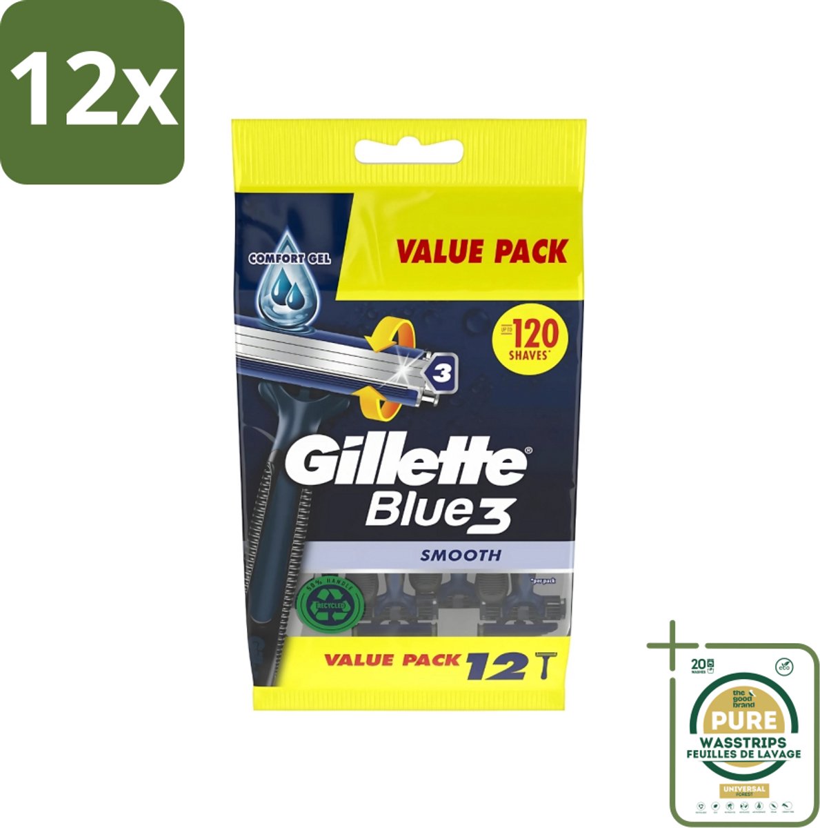 Gillette - Blue 3 Smooth - Wegwerpscheermesjes - Comfortabele scheerbeurt - 6 Scheermesjes - Voordeelverpakking - 12 stuks - Scheerbeurt - Scherpe mesjes