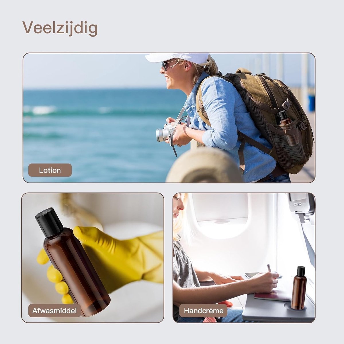 Set van 5 Herbruikbare Reisflessen 100ml met Labels - Transparante Flessen voor Shampoo, Douchegel, Lotion en Toilettas voor Handbagage, Sport en Kamperen