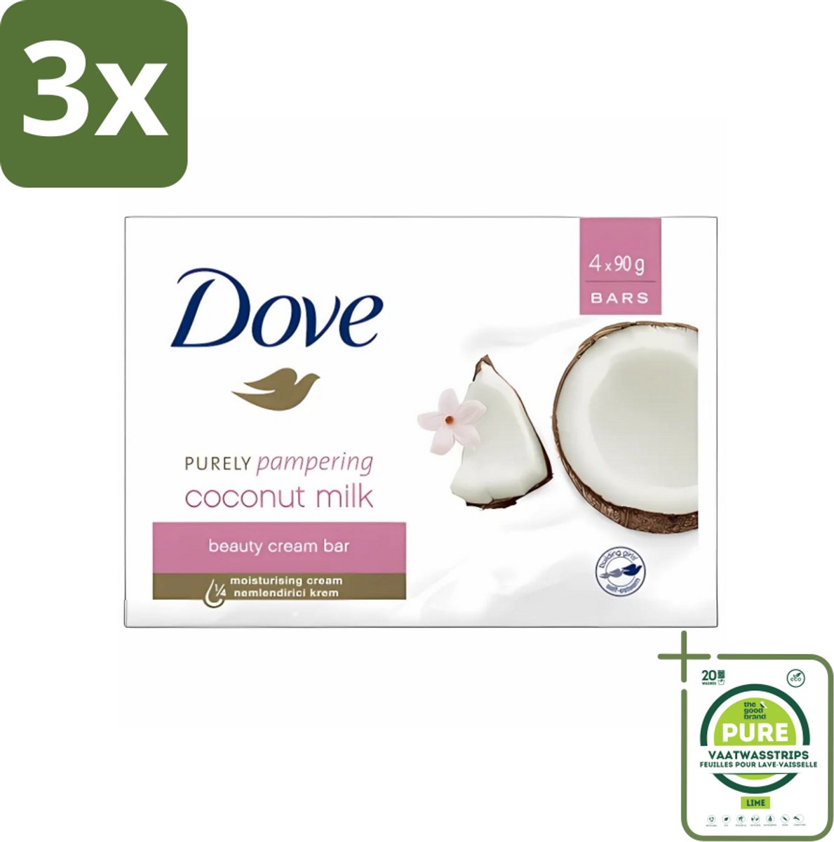 3 x Dove - Zeep - Purely Pampering - Kokos - Zacht en verzorgend - 4 x 100 g - Grootverpakking - Dove Zeep - Kokos En Jasmijn - Zeep Wastablet - Zeep Voor Huid - Zeep Voor Handen