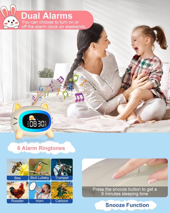 Kinderwekker Kat - Digitale kinderalarm - Slaaptraining kind - Met geluidsmachine - 119 x 381 x 6 cm - Kleurrijk — afbeelding 3
