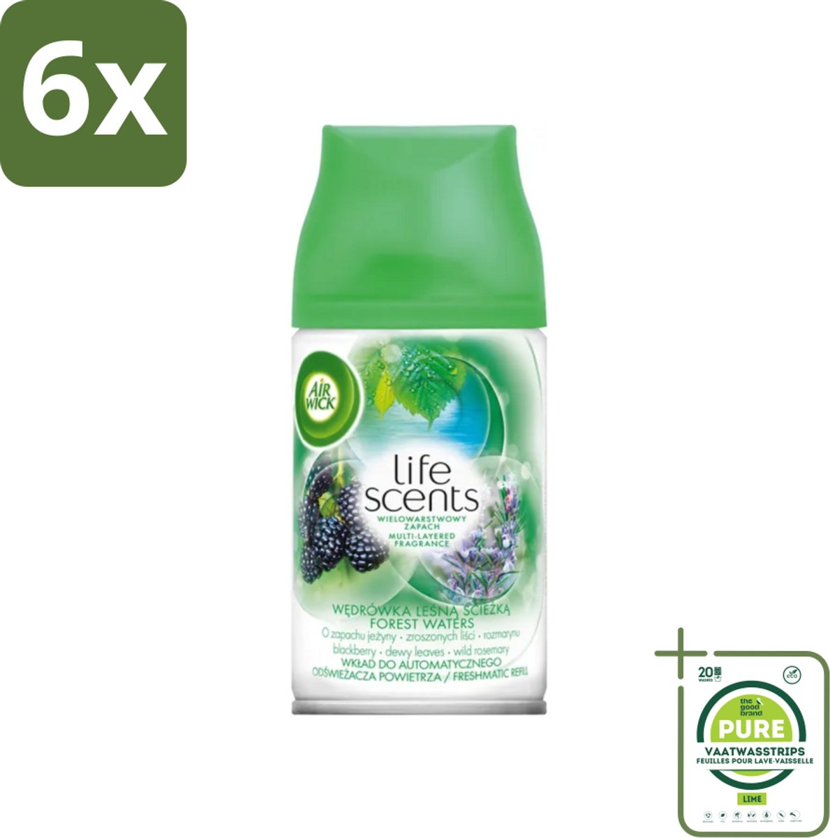 Air Wick - Life Scents - Luchtverfrisser Navulling - Boswateren - Automatische Spray - 250 ml - Voordeelverpakking - 6 stuks - Boswateren - Natuurlijke geur