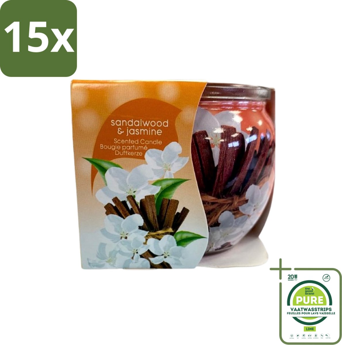 15 x At Home - Scents - Geurkaars - Sandalwood & Jasmin - 70 g - Grootverpakking - Geurkaars - Sandelhout - Jasmijn - Thuisgeur - Rustgevende Geur