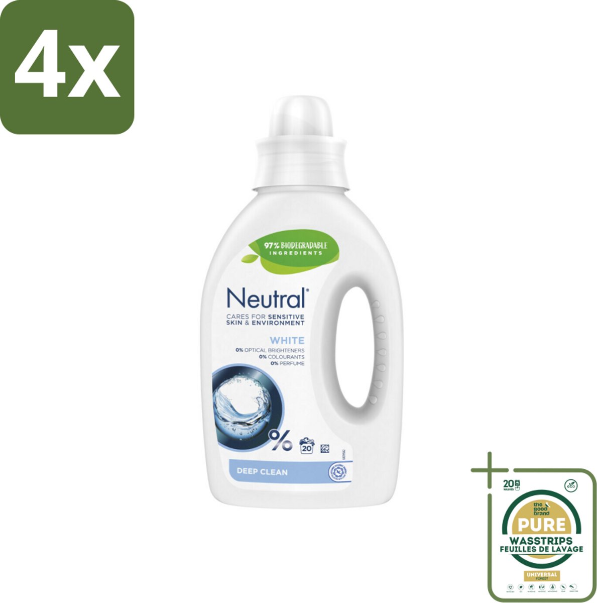 Neutral Vloeibaar Wasmiddel Wit 20 Wasbeurten 1 liter - Voordeelverpakking - 4 stuks - Wasmachine - Wasmiddel voor gevoelige huid