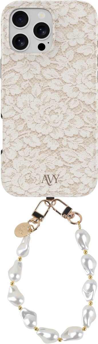 AVY Hoesje Met Telefoonkoord | Geschikt voor Apple iPhone 13 Pro Max | Compatibel met MagSafe & Qi2 | Hard Shell Back Cover | Stijlvol Bijpassend Koord Polsbandje (32CM) | Vintage Lace