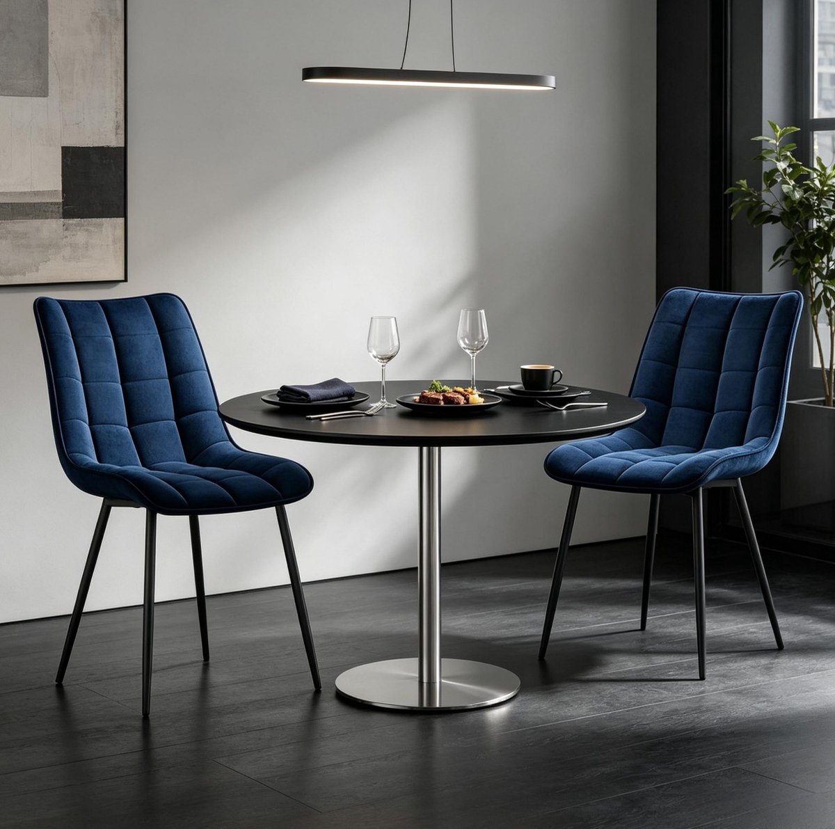 COVREO Eetkamerstoel 46 x 39 x 85,5 cm blauw velvet - metalen onderstel - set van 2 voor eetkamer en bureau