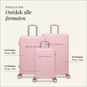 Drie roze SUITSUIT koffers in verschillende formaten: handbagage (55 cm) en ruimbagage (65 cm en 75 cm).