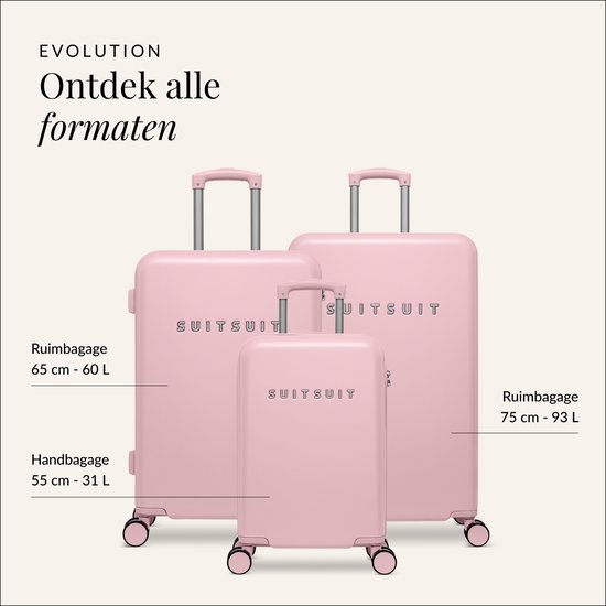 Drie roze SUITSUIT koffers in verschillende formaten: handbagage (55 cm) en ruimbagage (65 cm en 75 cm).