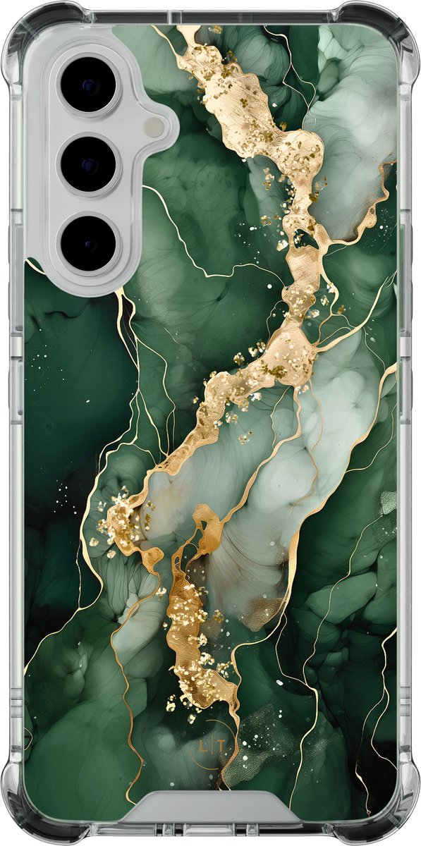 Shockproof hoesje - Geschikt voor Samsung Galaxy A55 - Marmer groen goud - Extra sterke case - TPU/polycarbonaat - - Multi, Transparant