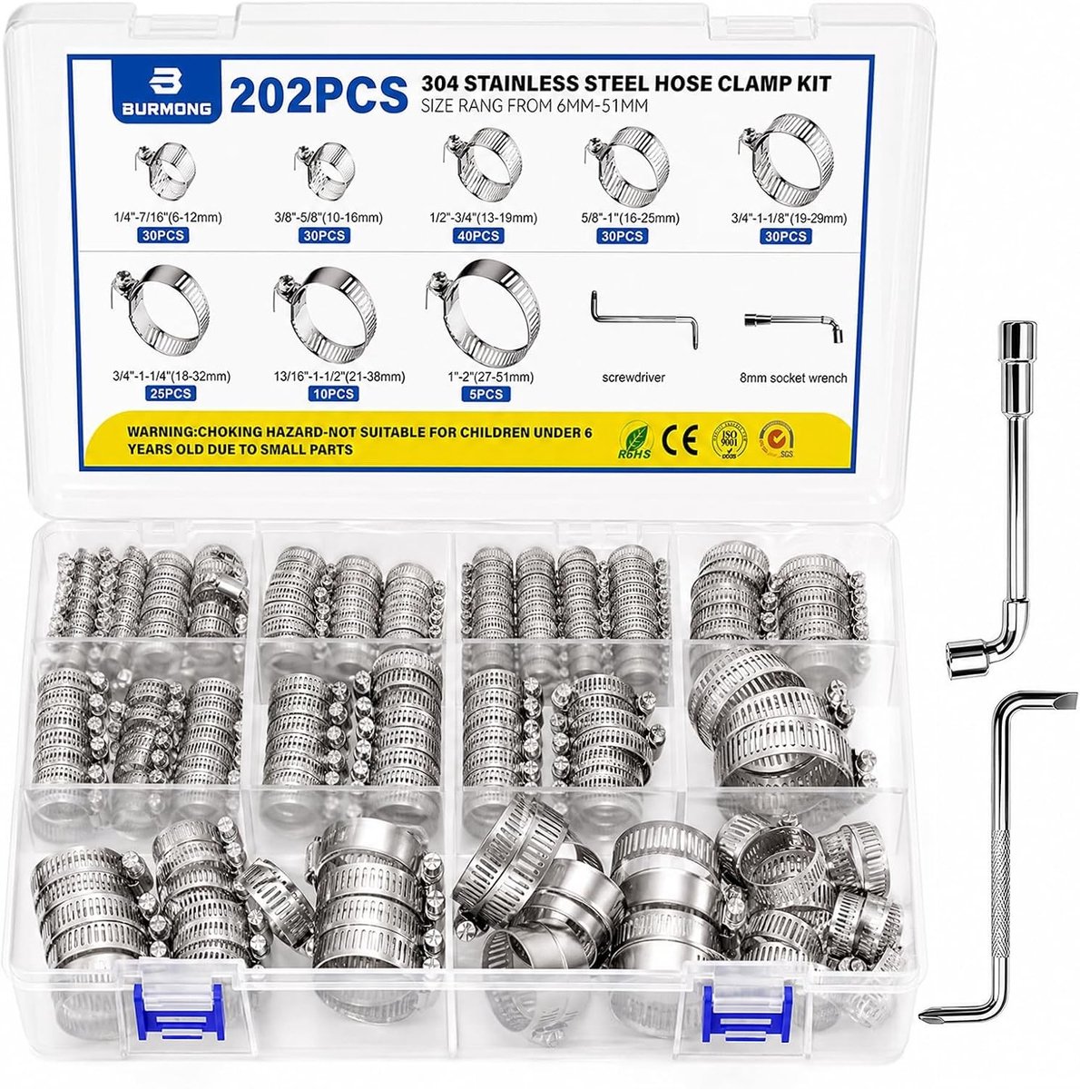 Set van 202 Verstelbare Slangklemmen 6-51mm RVS Klemmen voor Waterleidingen, Auto's en Gasleidingen