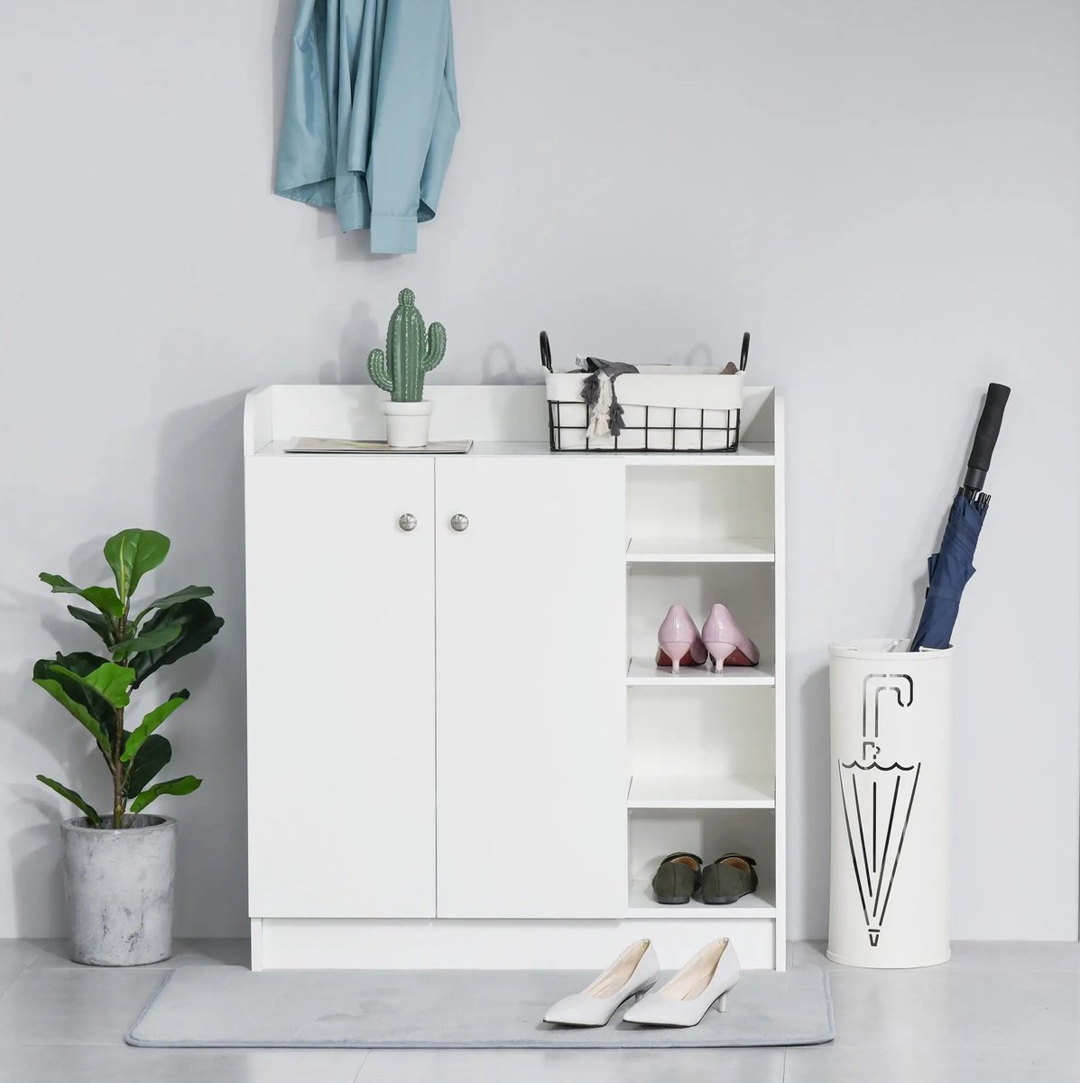 OKWISH Schoenenkast - Modern - 2 Openslaande Deuren En 4 Open Vakken - Voor Hal En Woonruimte - Wit Hout - 83 X 30 X 90 Cm