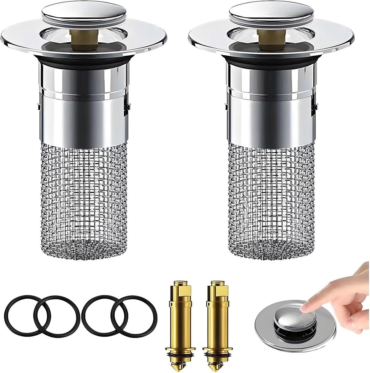 2 Stuks Universele RVS Afvoerstopper, Push Fit Stopper voor Badkamer, Inclusief Zeef en Messing Pop-Up Afvoer voor 32-40mm Afvoeropeningen