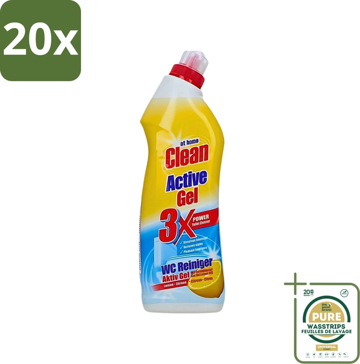 20 x At Home - Clean - Active Gel - Toiletreiniger - Lemon - Extra Krachtig - 750 ml - Grootverpakking - Toiletreiniger - Kalk Verwijderen - Toilet Reinigen - Lemon Geur - Hygiëne Toilet