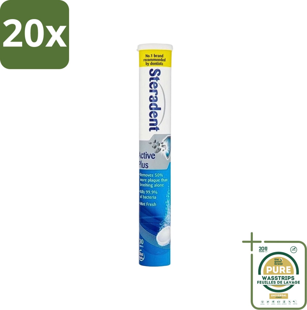 20 x Steradent - Reinigingstabletten - Active Plus - Tegen Tandsteen & Bacteriën - 30 Tabletten - Grootverpakking - Kunstgebit Reinigen - Tandsteen Verwijderen - Bacteriën Doden - Mondhygiëne - Adem Verfrissen