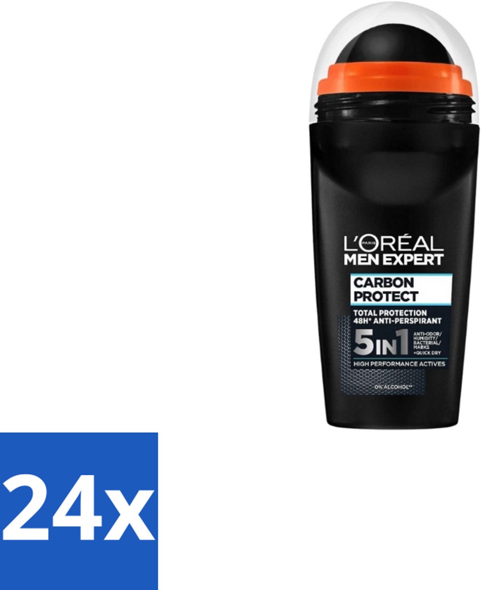 24 x L’Oréal Paris Men Expert – Deodorant Roller – Carbon Protect 5-in-1 – 50 ml - Anti-transpirant - Deodorant - Zweet - Geur - Vlekken