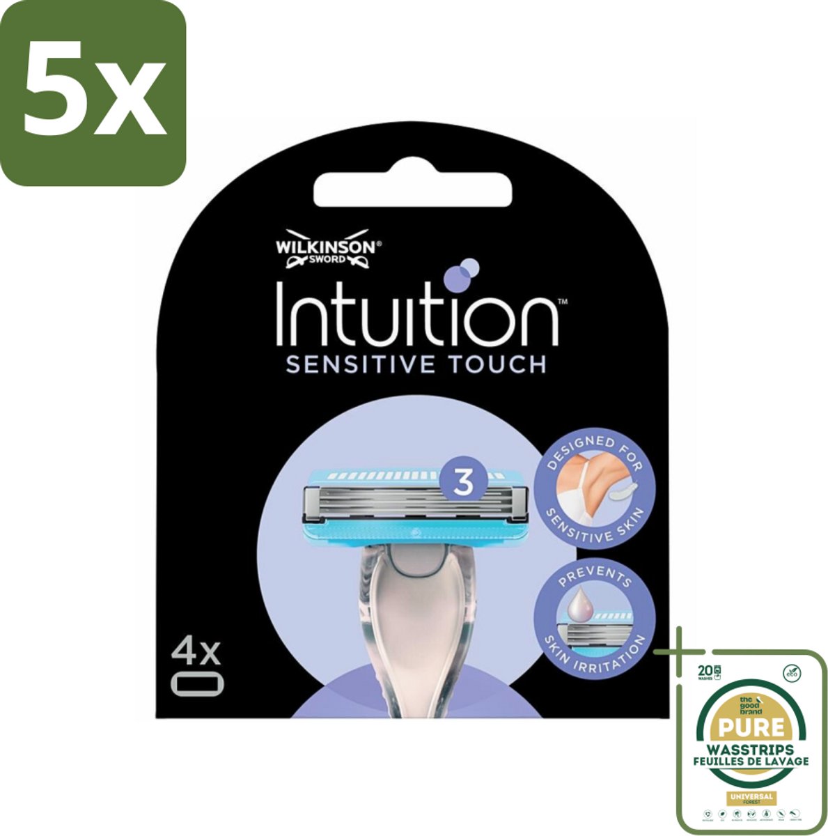 5 x Wilkinson - Navulmesjes Intuition Sensitive Touch - Met Aloe Vera - 3 scheermesjes - Grootverpakking - Scheermesjes - Gevoelige Zones - Aloe Vera - Cacaoboter - Curve-sensing