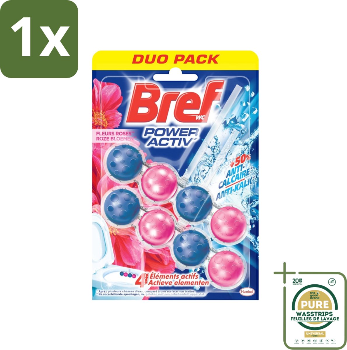 1 x Bref WC - Power Activ+ - Toiletblok - Verse Bloemen - 2 Blokken- Bloemen Geur Toilet - Reinigingsblok - Anti-kalk - Toilet Reinigen - Frisse Geur